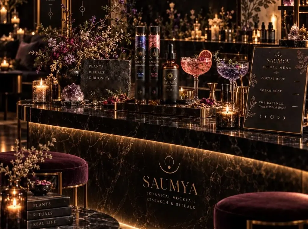 Conceptual render: a SAUMYA ritual bar in black marble and gold, with the Ritual Menu, vials and coupes