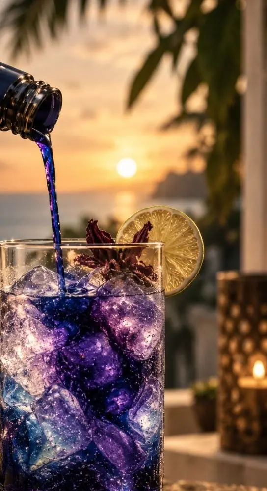 Conceptual render: a SAUMYA vial pouring Portal Blue over ice at sunset, with a lime wheel and dried hibiscus