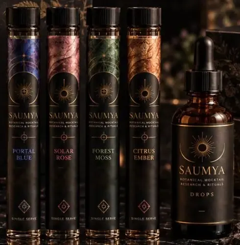 Conceptual render: Discovery Ritual Set, four SAUMYA vials and a dropper on black marble