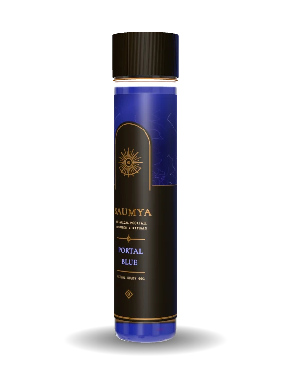 Conceptual render: SAUMYA Portal Blue ritual vial, a glass vial with a black and gold label