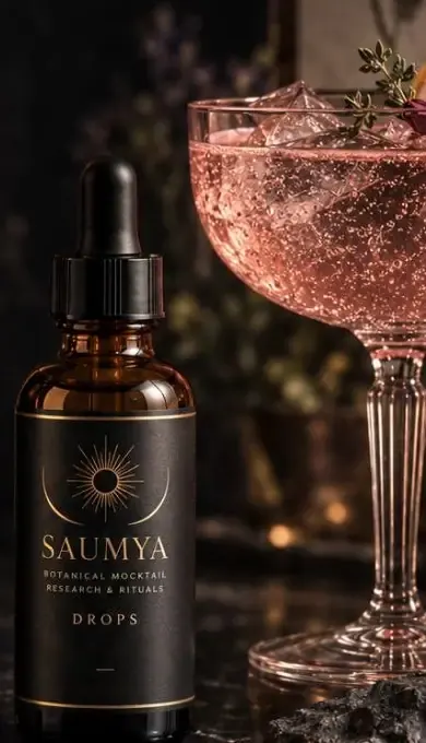 Conceptual render: SAUMYA Drops amber dropper bottle beside a rose-colored coupe