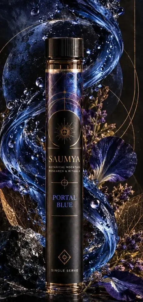 Conceptual render: SAUMYA Portal Blue vial with a blue water spiral and butterfly pea flowers
