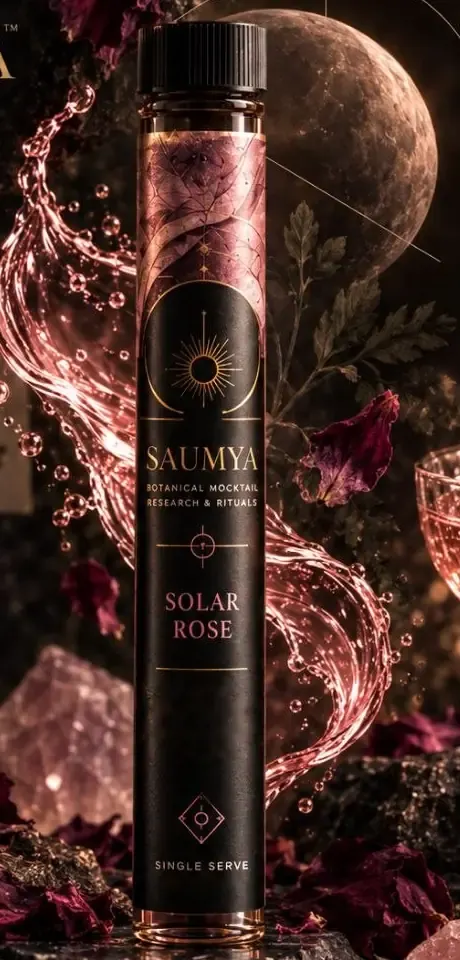 Conceptual render: SAUMYA Solar Rose vial with a rose-colored splash, a moon and dried rose petals