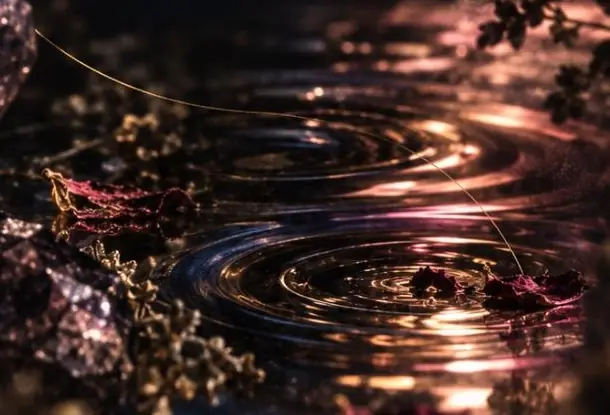 Conceptual render: dark water rippling with rose petals and amethyst, from the SAUMYA study